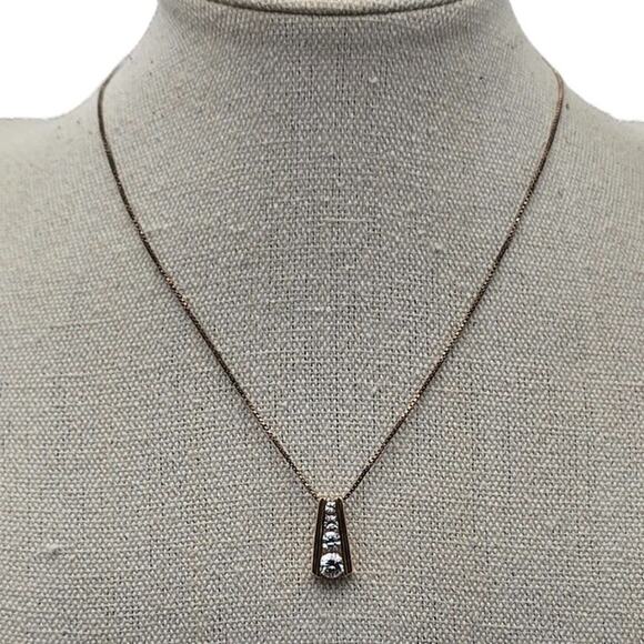 Gold Vermeil Sterling Silver 925 CZ Graduated Bar Drop Pendant Necklace - Picture 3 of 7